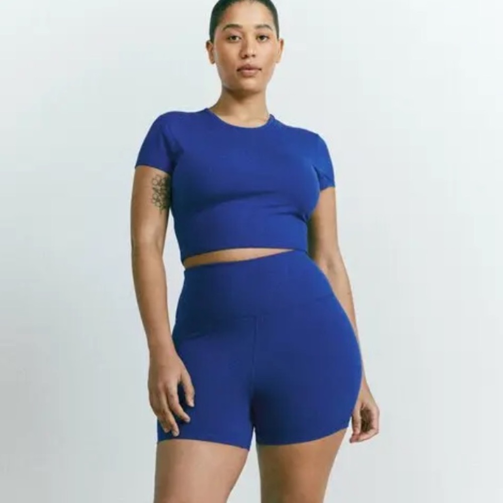 Reformation Kimber eco activewear 2pc set, bright Caspian blue, size small